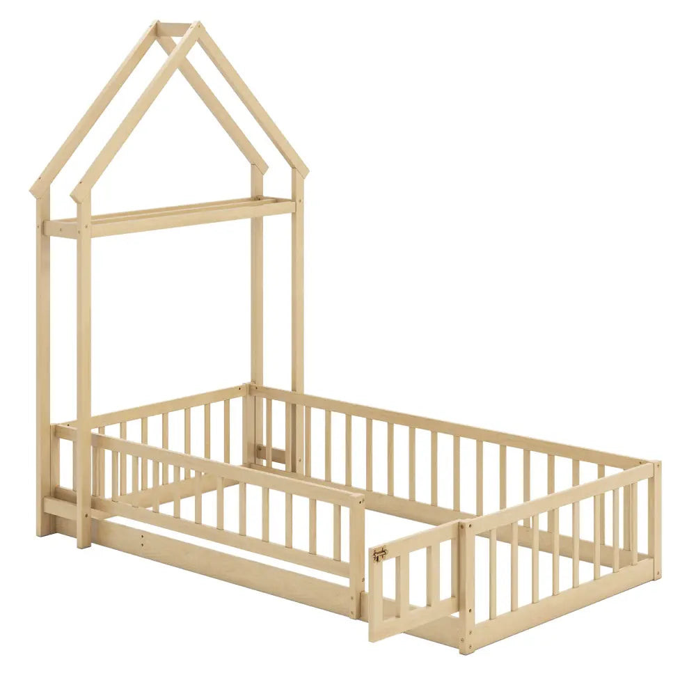 Twin Size House Floor Bed with House-shaped Headboard-Natural - Natural - Simple Bed Frame