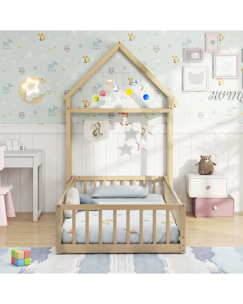 Twin Size House Floor Bed with House-shaped Headboard-Natural - Natural - Simple Bed Frame