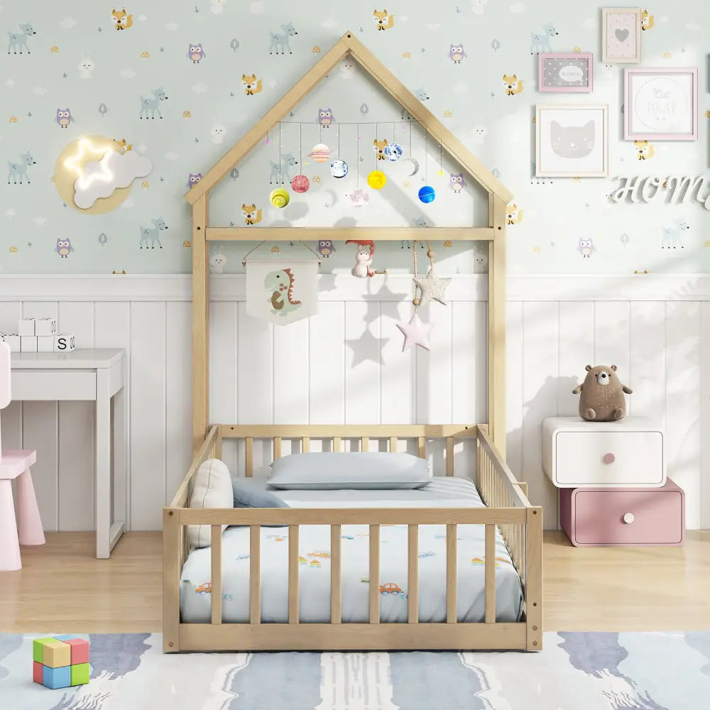 Twin Size House Floor Bed with House-shaped Headboard-Natural - Natural - Simple Bed Frame