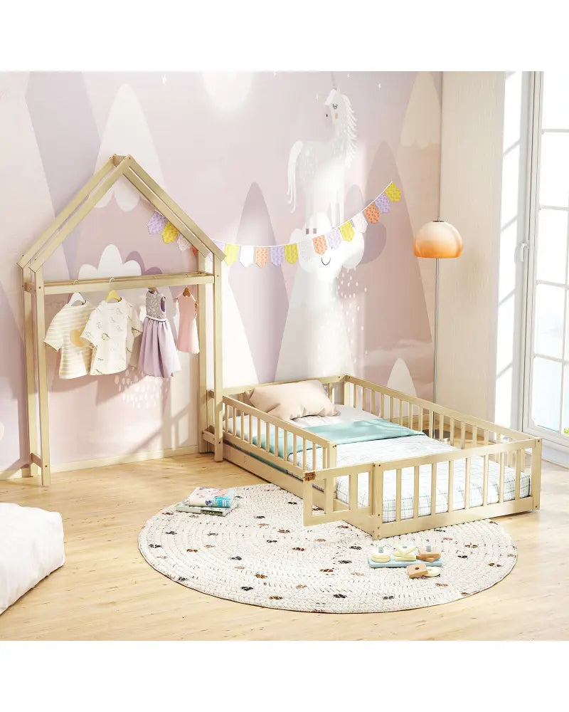 Twin Size House Floor Bed with House-shaped Headboard-Natural - Natural - Simple Bed Frame