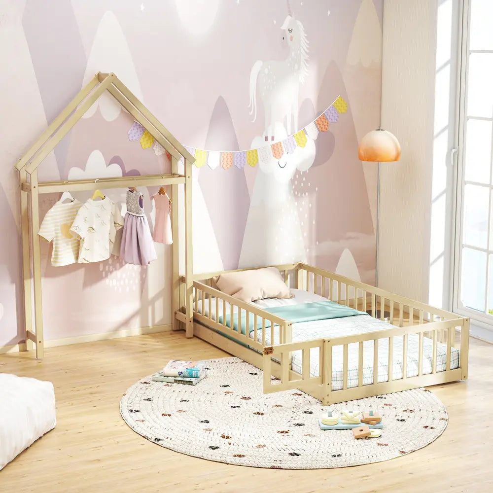 Twin Size House Floor Bed with House-shaped Headboard-Natural - Natural - Simple Bed Frame