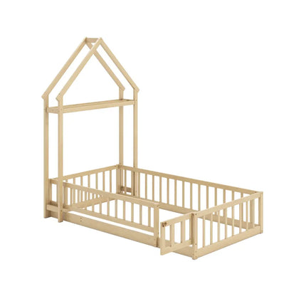 Twin Size House Floor Bed with House-shaped Headboard-Natural - Natural - Simple Bed Frame