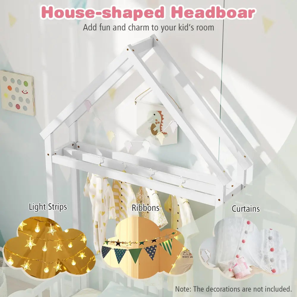 Twin Size House Floor Bed with House-shaped Headboard-White - White - Simple Bed Frame