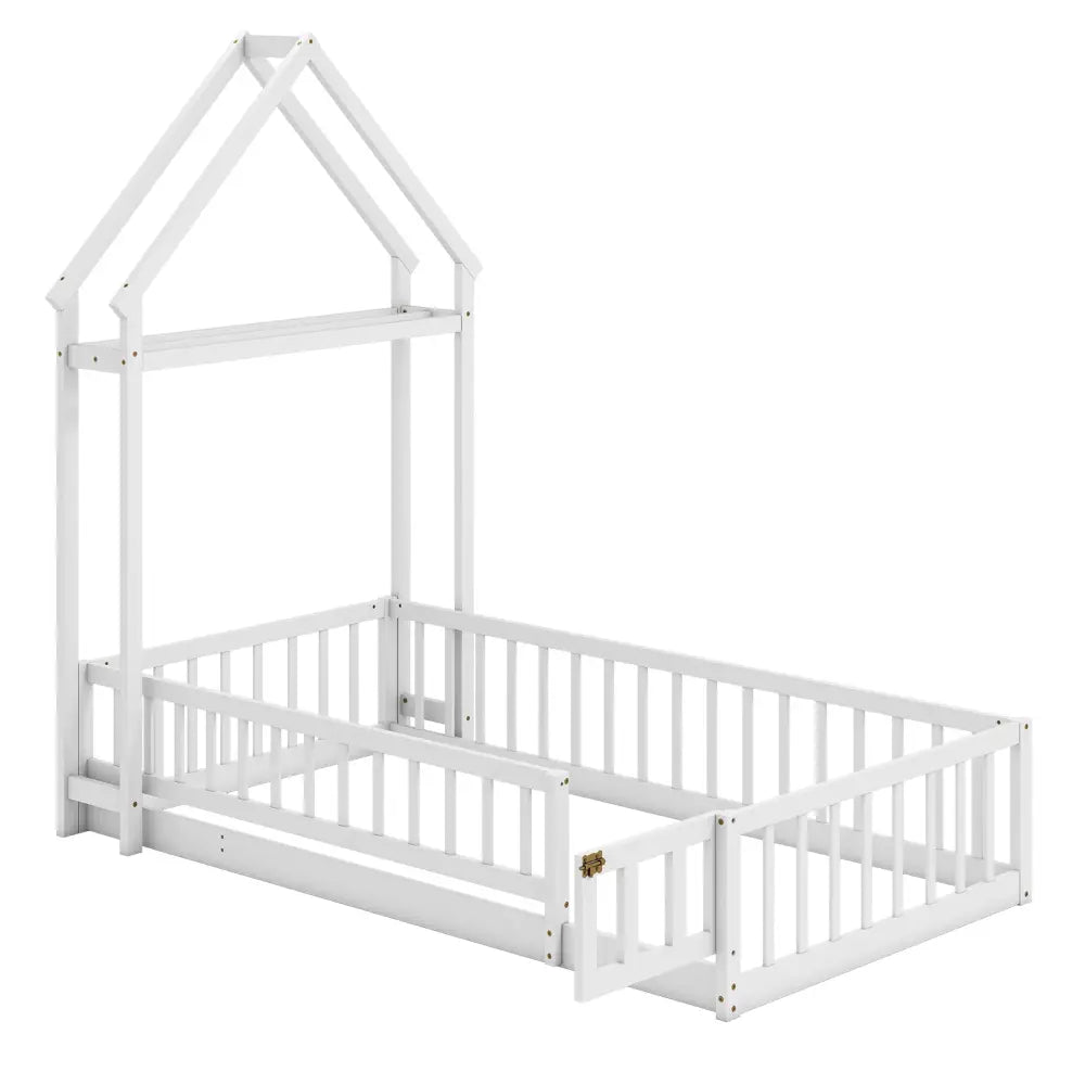 Twin Size House Floor Bed with House-shaped Headboard-White - White - Simple Bed Frame