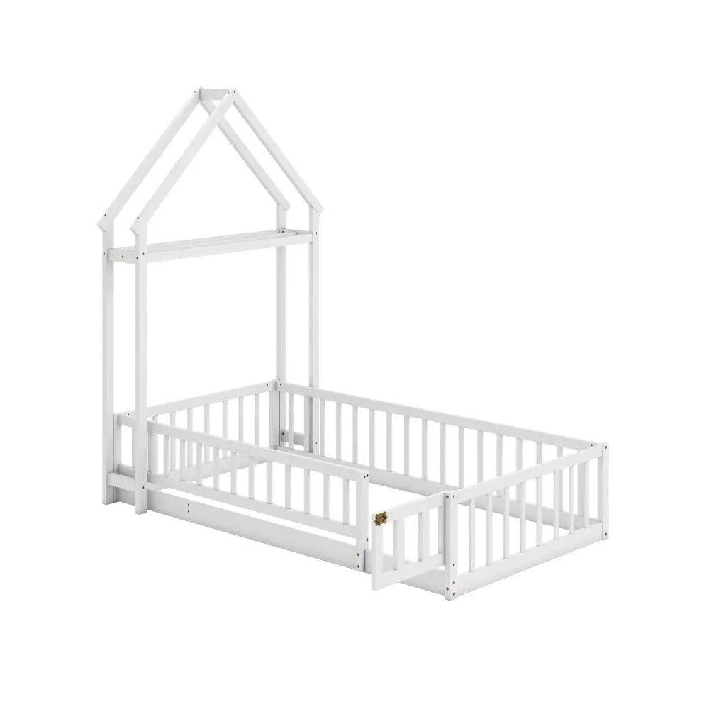 Twin Size House Floor Bed with House-shaped Headboard-White - White - Simple Bed Frame
