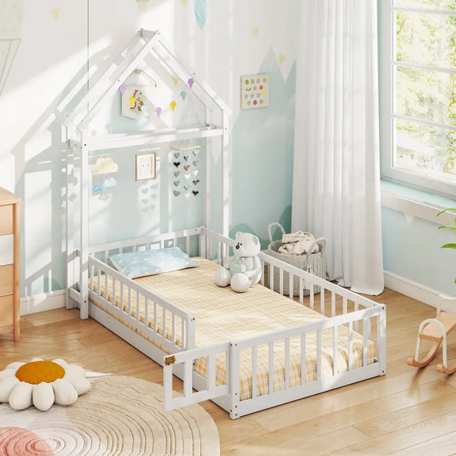 Twin Size House Floor Bed with House-shaped Headboard-White - White - Simple Bed Frame