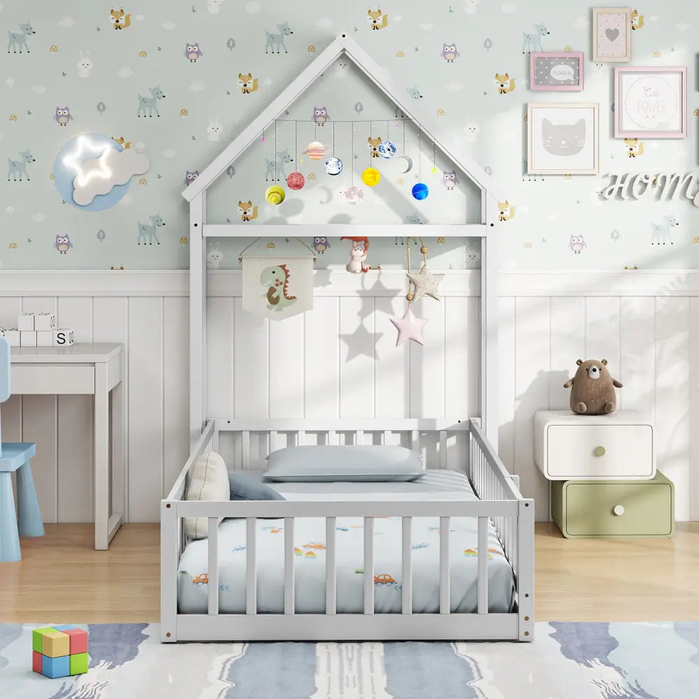 Twin Size House Floor Bed with House-shaped Headboard-White - White - Simple Bed Frame