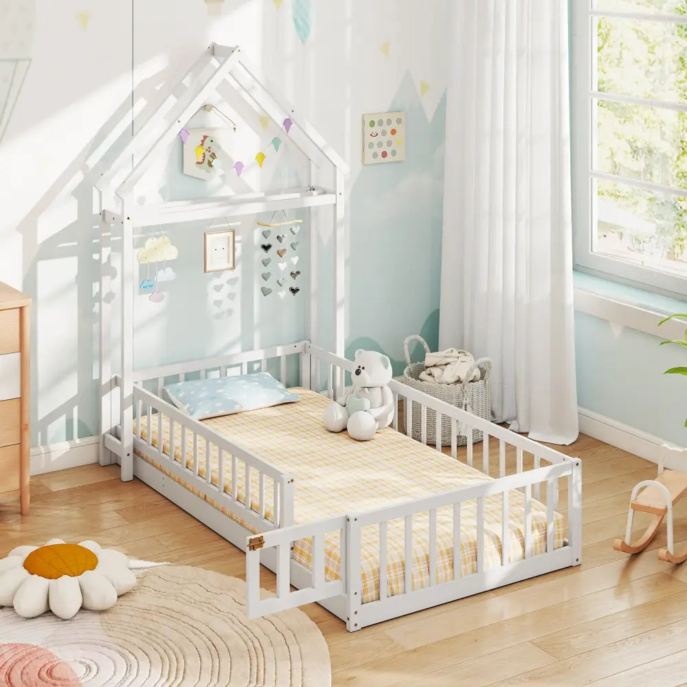 Twin Size House Floor Bed with House-shaped Headboard-White - White - Simple Bed Frame