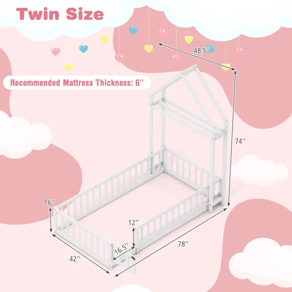 Twin Size House Floor Bed with House-shaped Headboard-White - White - Simple Bed Frame
