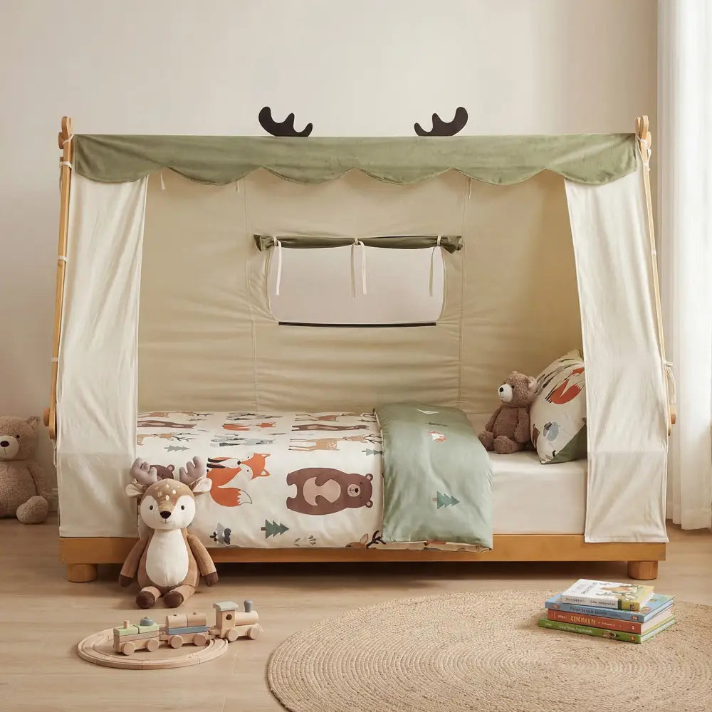 Twin Size House Floor Wood Bed with Tent-Natural - Natural - Simple Bed Frame
