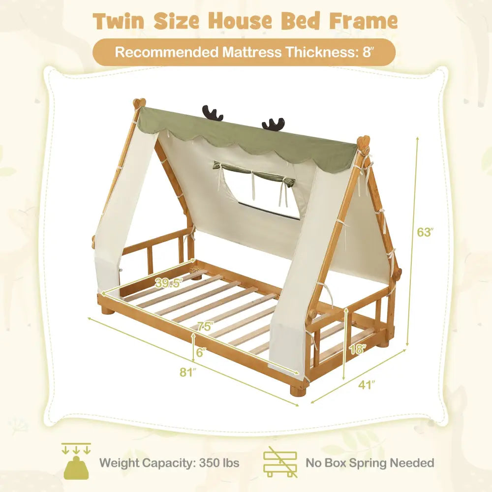 Twin Size House Floor Wood Bed with Tent-Natural - Natural - Simple Bed Frame