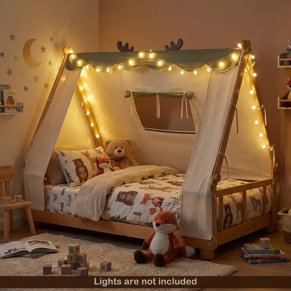 Twin Size House Floor Wood Bed with Tent-Natural - Natural - Simple Bed Frame