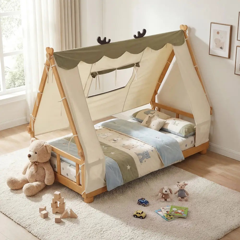 Twin Size House Floor Wood Bed with Tent-Natural - Natural - Simple Bed Frame