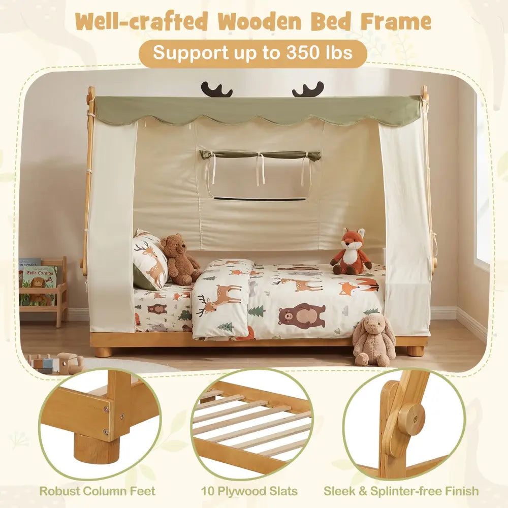 Twin Size House Floor Wood Bed with Tent-Natural - Natural - Simple Bed Frame