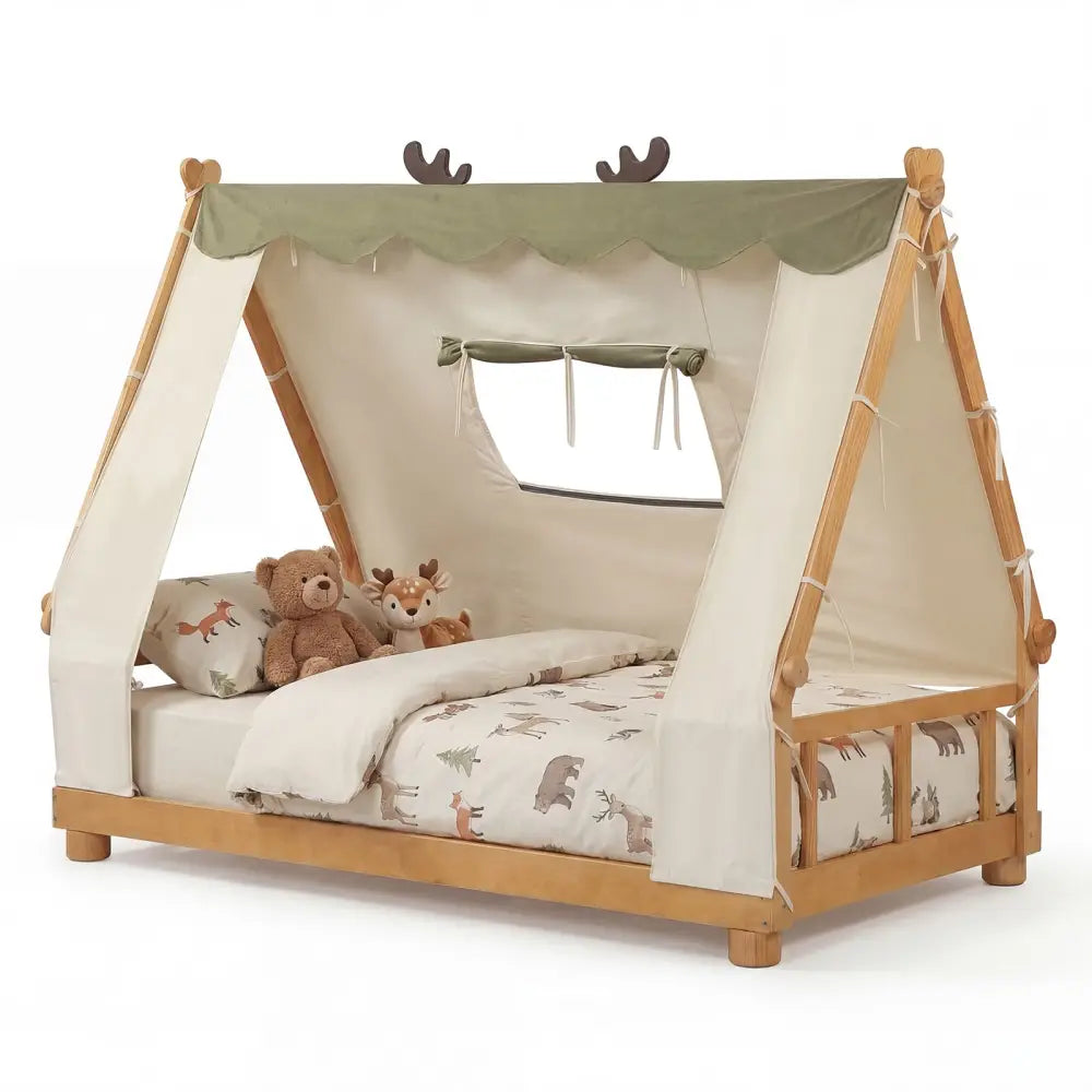 Twin Size House Floor Wood Bed with Tent-Natural - Natural - Simple Bed Frame