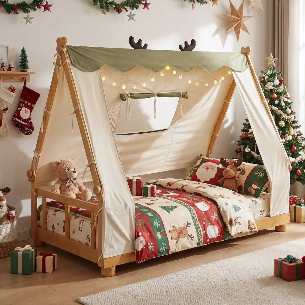 Twin Size House Floor Wood Bed with Tent-Natural - Natural - Simple Bed Frame