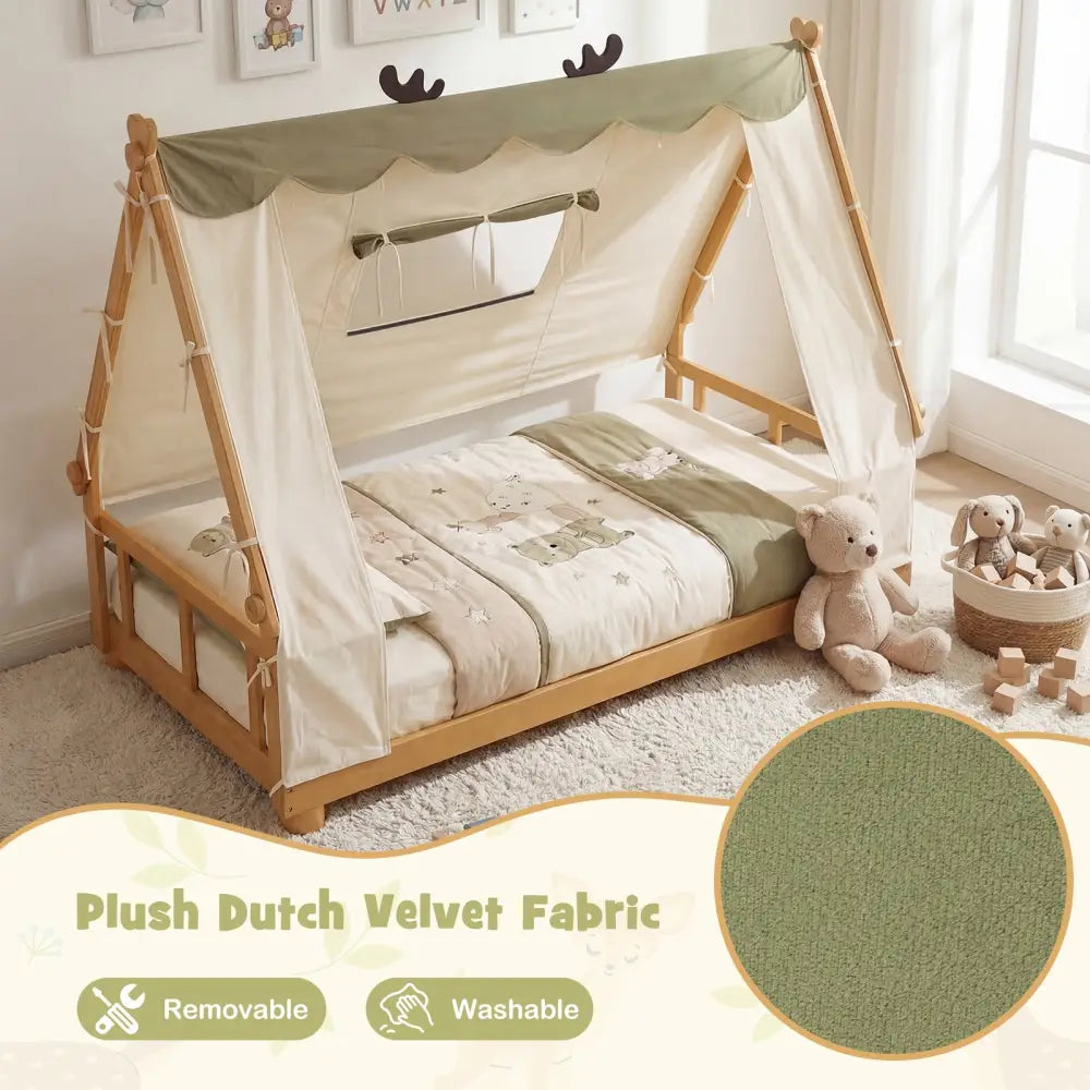 Twin Size House Floor Wood Bed with Tent-Natural - Natural - Simple Bed Frame