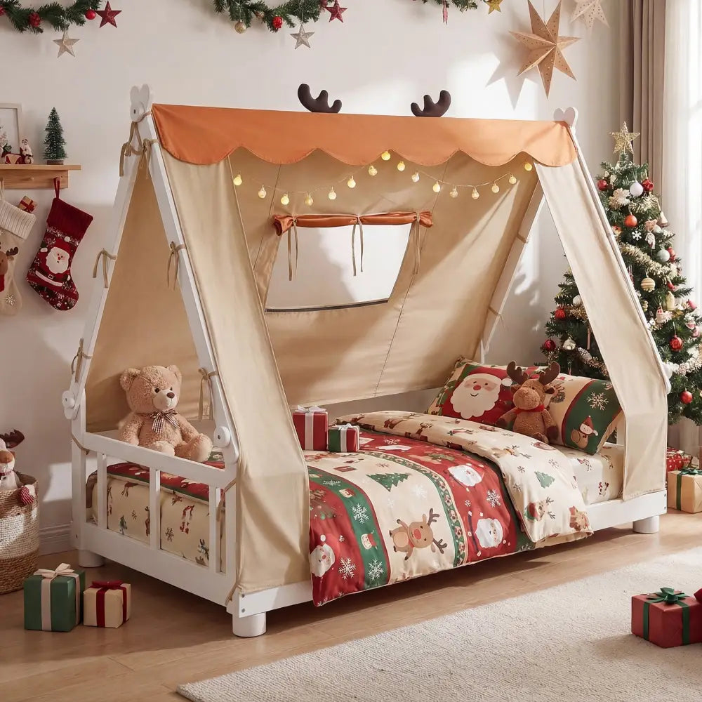 Twin Size House Floor Wood Bed with Tent-White - White - Simple Bed Frame