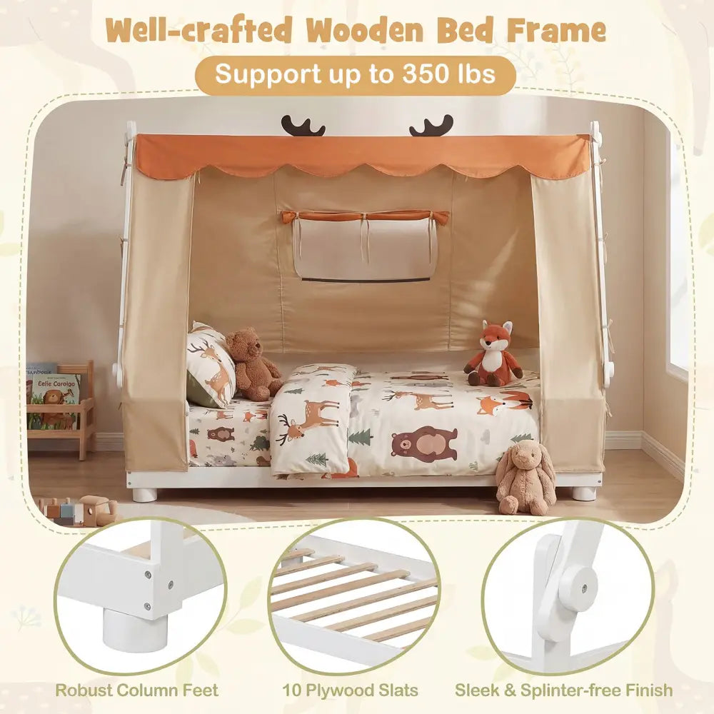 Twin Size House Floor Wood Bed with Tent-White - White - Simple Bed Frame