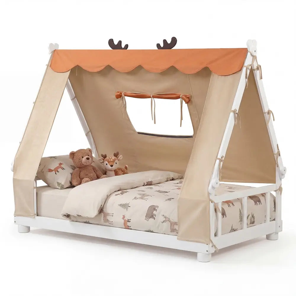 Twin Size House Floor Wood Bed with Tent-White - White - Simple Bed Frame