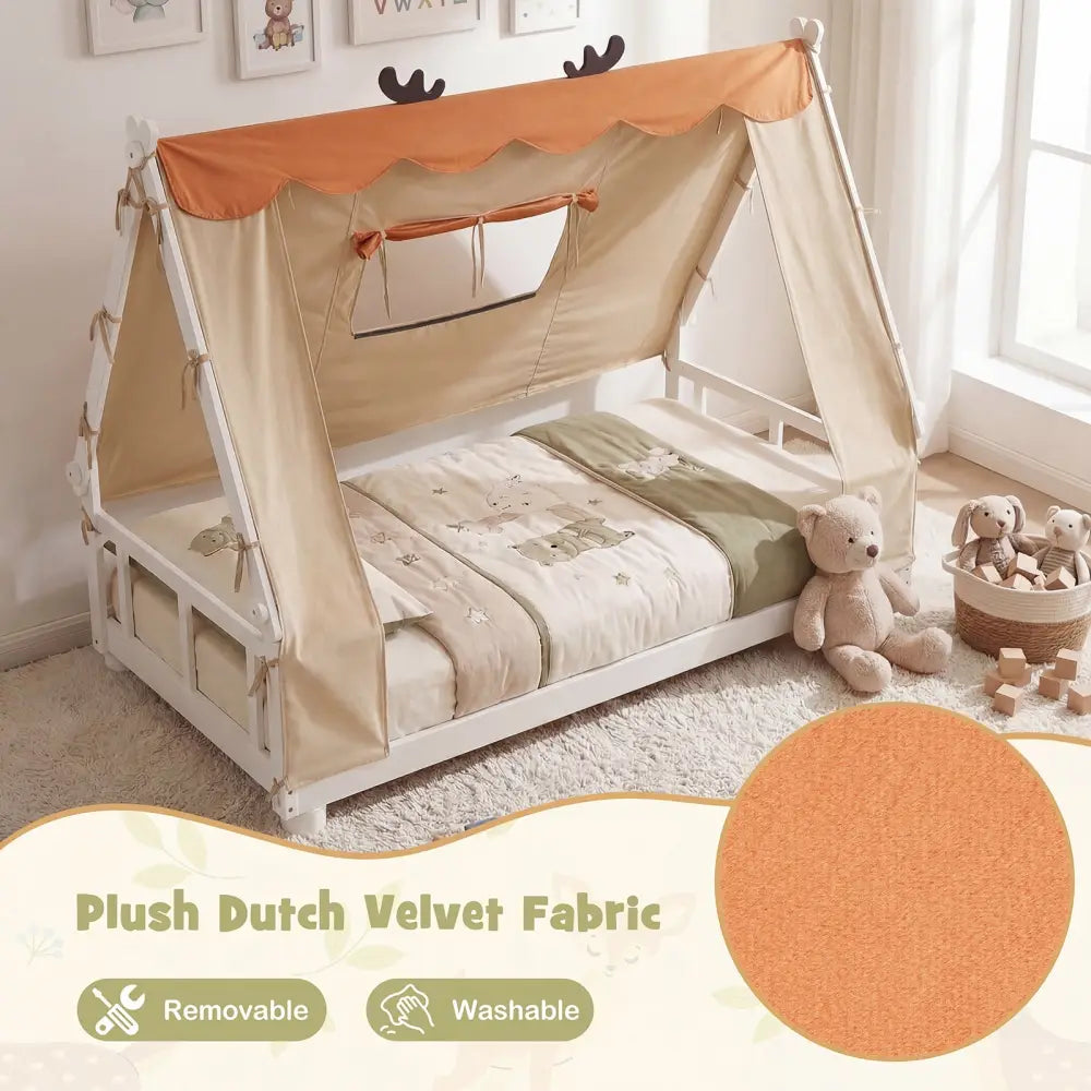 Twin Size House Floor Wood Bed with Tent-White - White - Simple Bed Frame