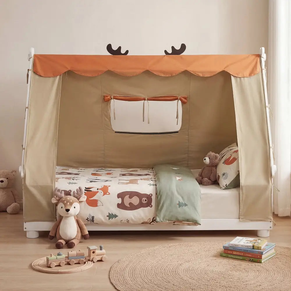 Twin Size House Floor Wood Bed with Tent-White - White - Simple Bed Frame