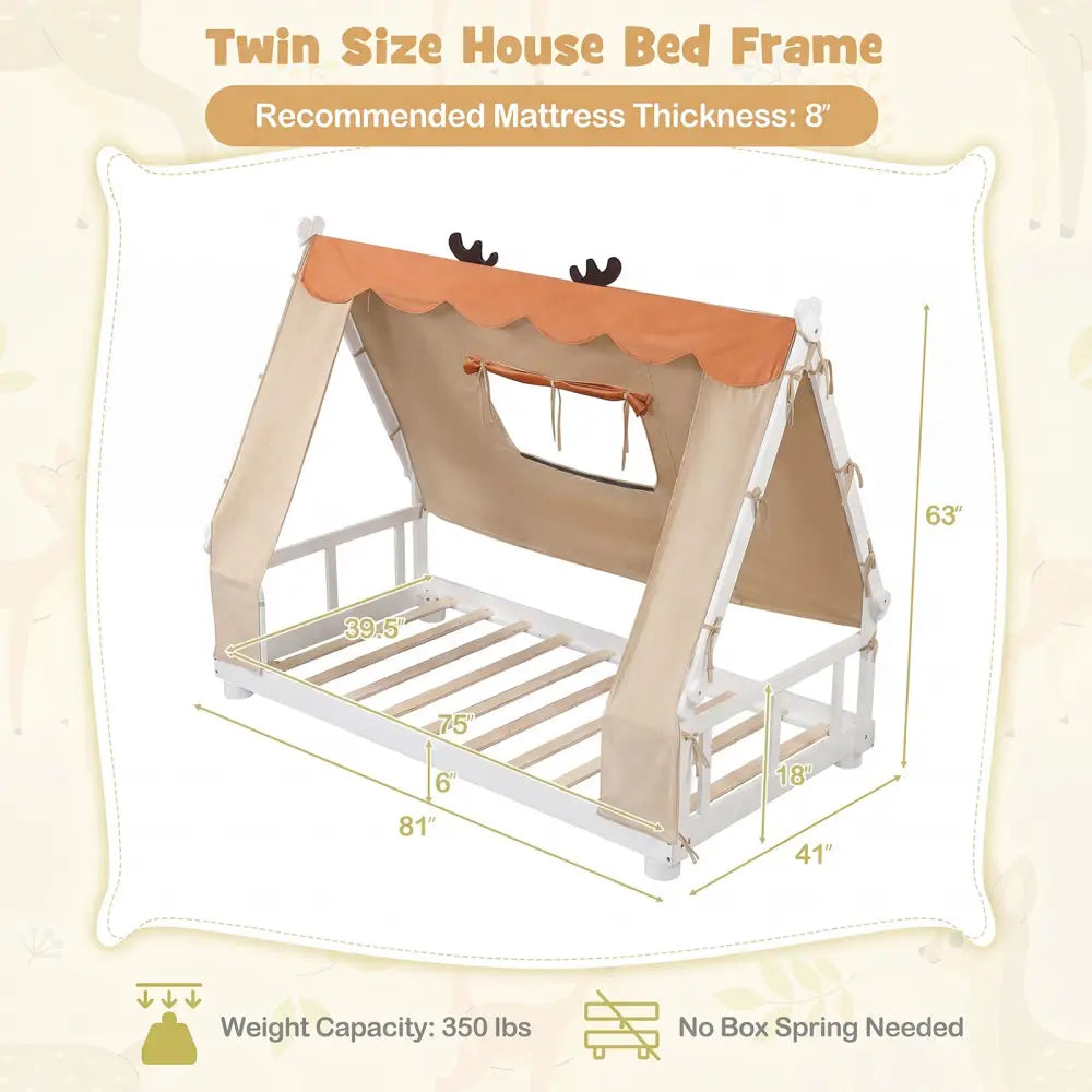 Twin Size House Floor Wood Bed with Tent-White - White - Simple Bed Frame