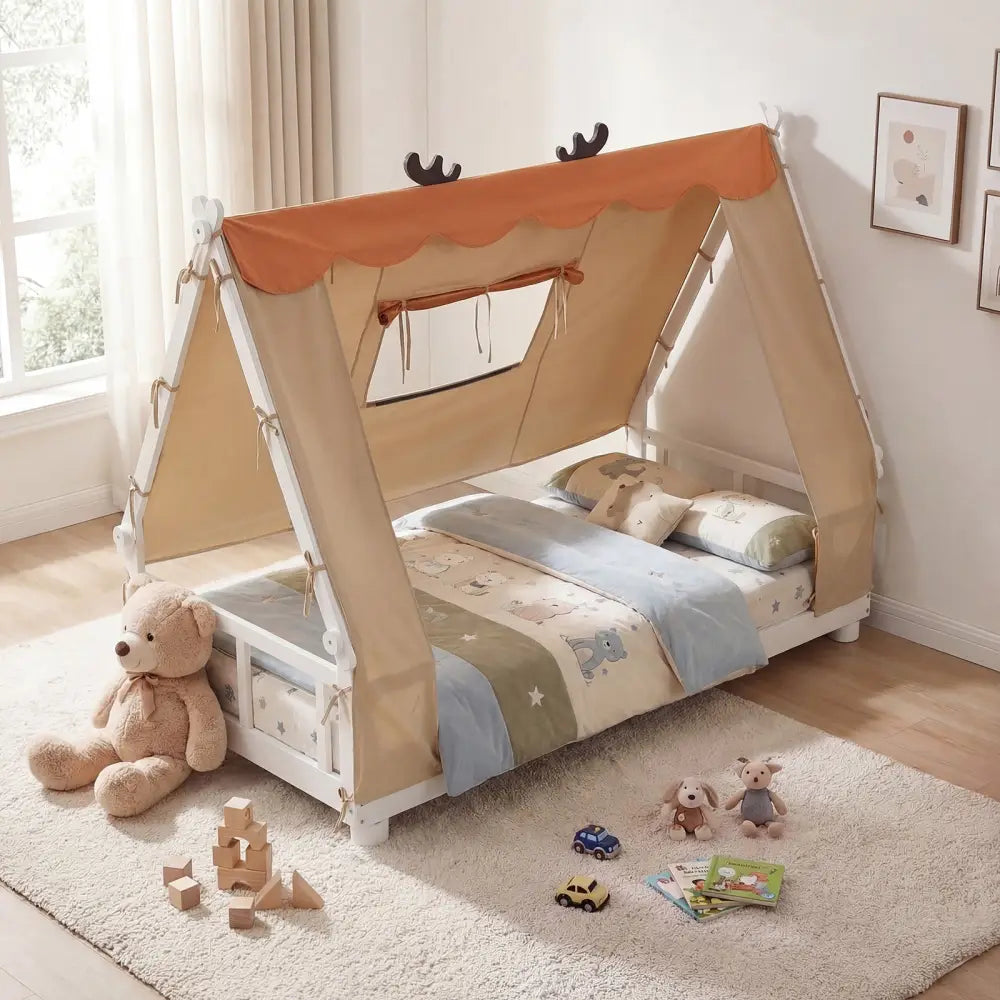 Twin Size House Floor Wood Bed with Tent-White - White - Simple Bed Frame
