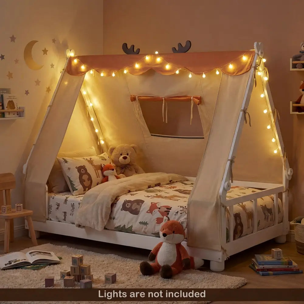 Twin Size House Floor Wood Bed with Tent-White - White - Simple Bed Frame