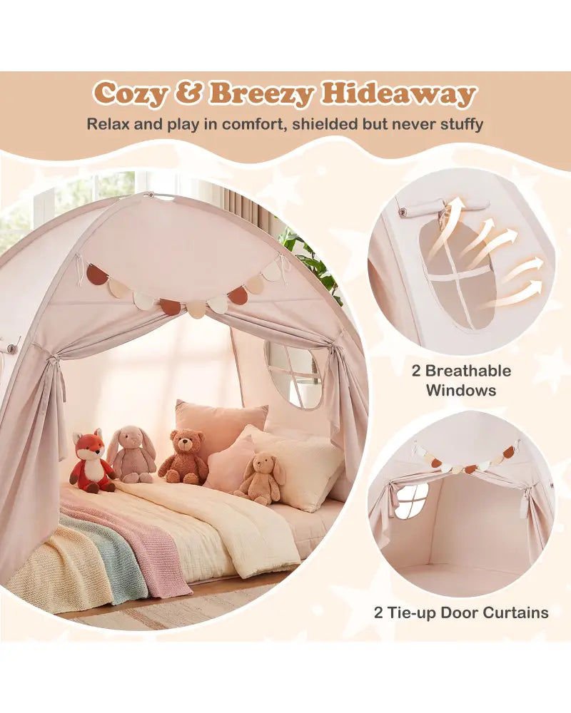 Twin Size Indoor Canopy Tent for Kids with 2 Window and Suits 3+-Beige - Beige - Play Tents & Playhouse