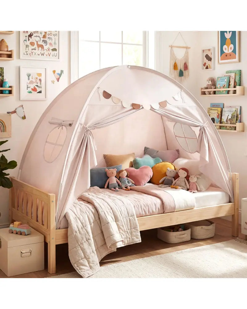 Twin Size Indoor Canopy Tent for Kids with 2 Window and Suits 3+-Beige - Beige - Play Tents & Playhouse