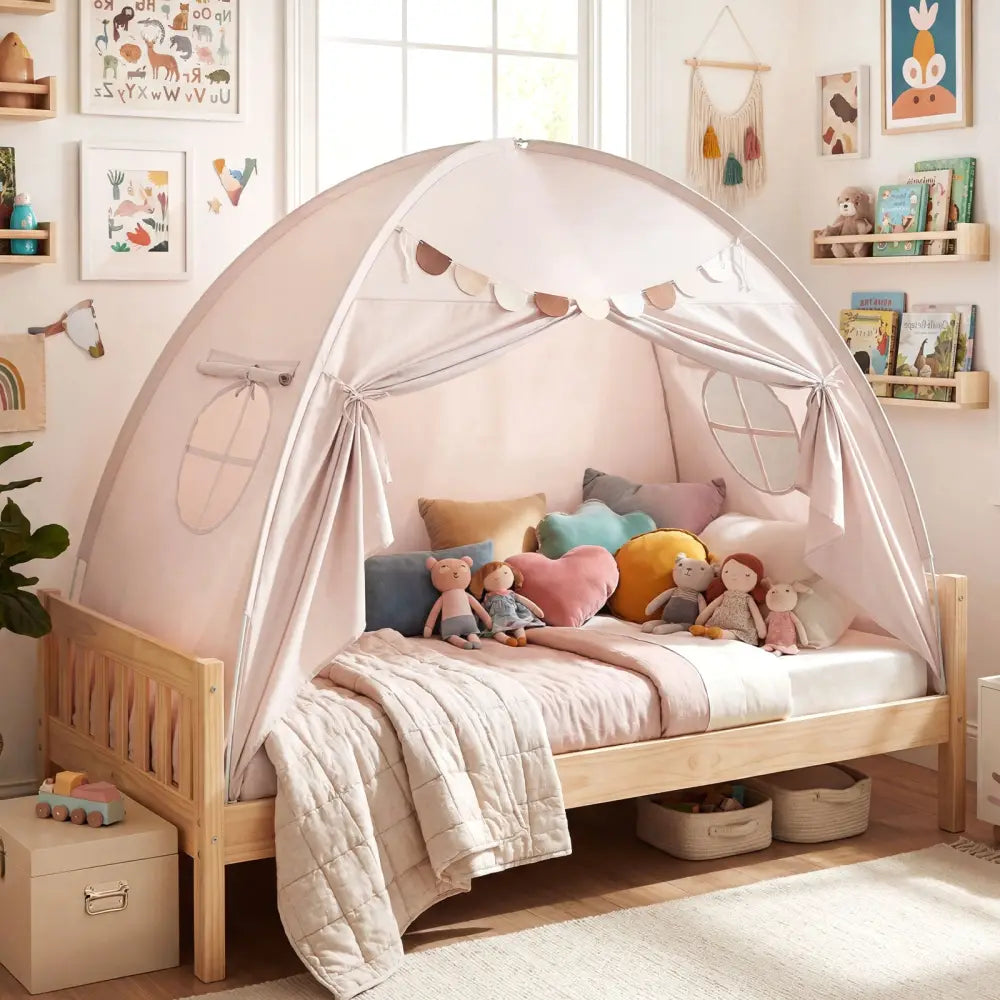 Twin Size Indoor Canopy Tent for Kids with 2 Window and Suits 3+-Beige - Beige - Play Tents & Playhouse