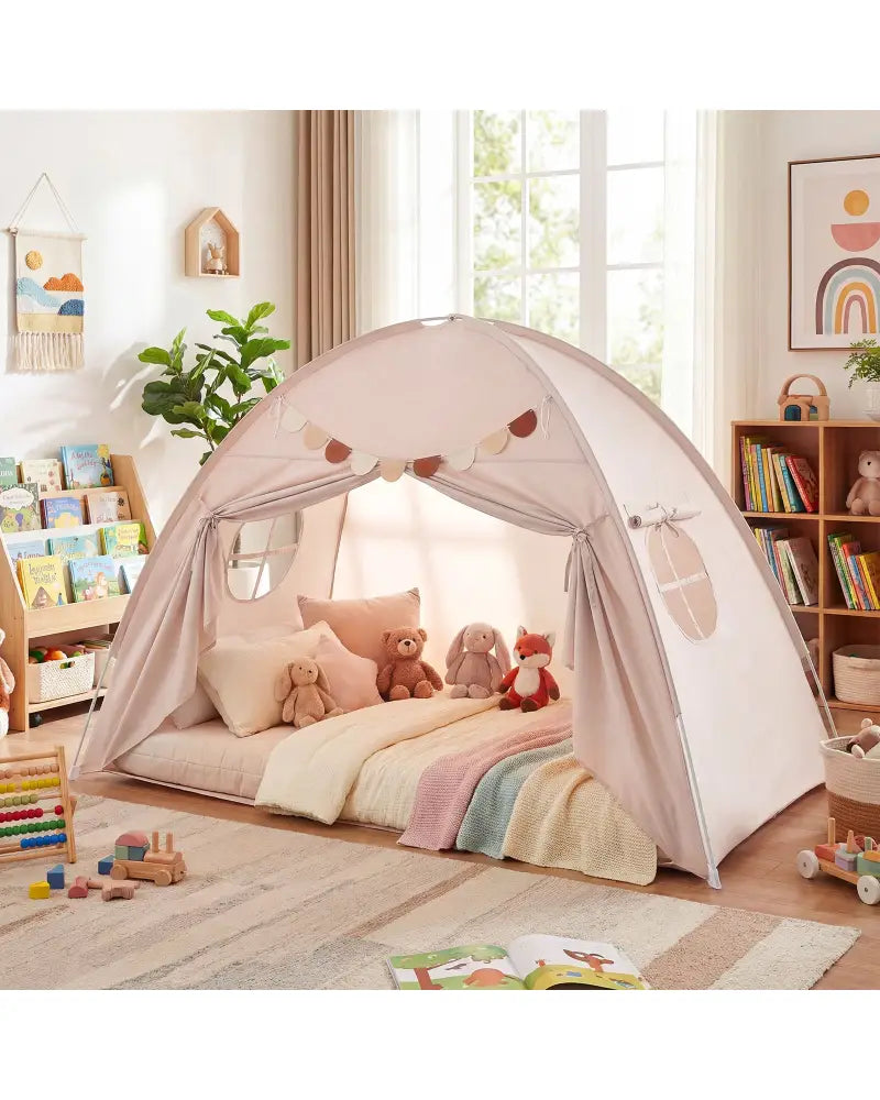Twin Size Indoor Canopy Tent for Kids with 2 Window and Suits 3+-Beige - Beige - Play Tents & Playhouse