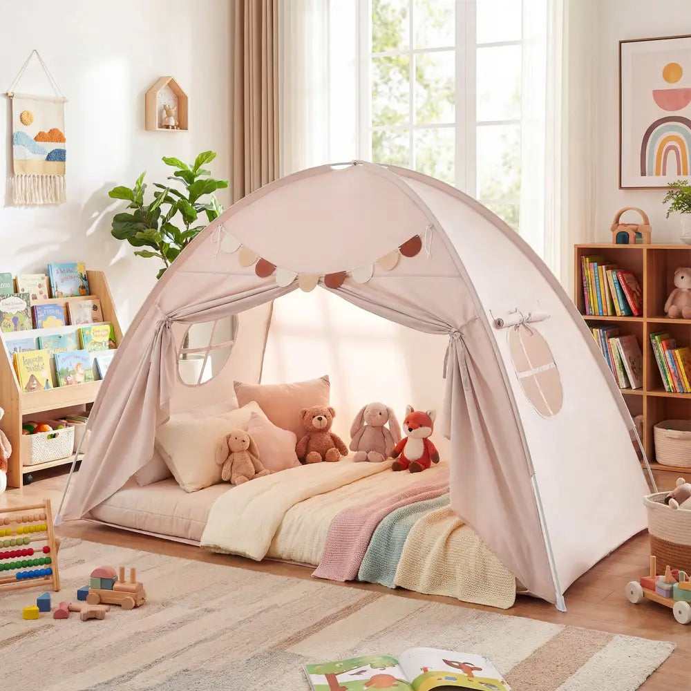 Twin Size Indoor Canopy Tent for Kids with 2 Window and Suits 3+-Beige - Beige - Play Tents & Playhouse