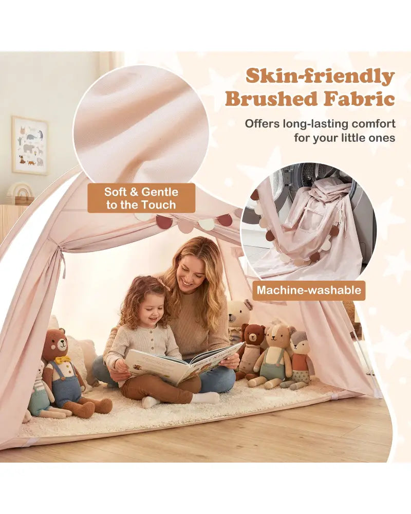 Twin Size Indoor Canopy Tent for Kids with 2 Window and Suits 3+-Beige - Beige - Play Tents & Playhouse