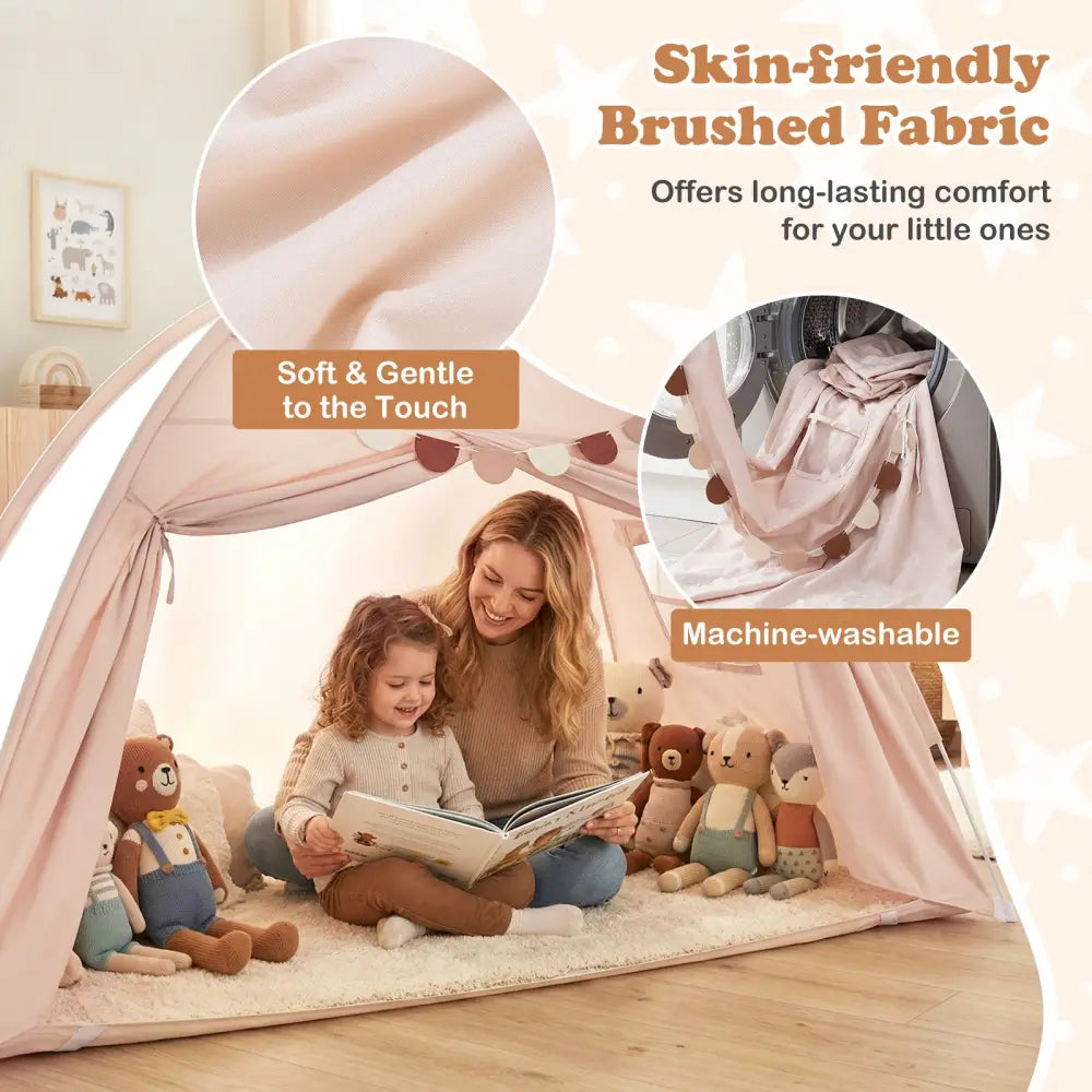 Twin Size Indoor Canopy Tent for Kids with 2 Window and Suits 3+-Beige - Beige - Play Tents & Playhouse