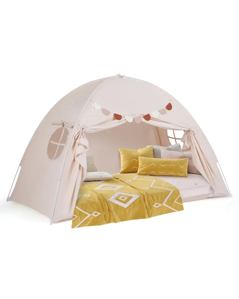 Twin Size Indoor Canopy Tent for Kids with 2 Window and Suits 3+-Beige - Beige - Play Tents & Playhouse