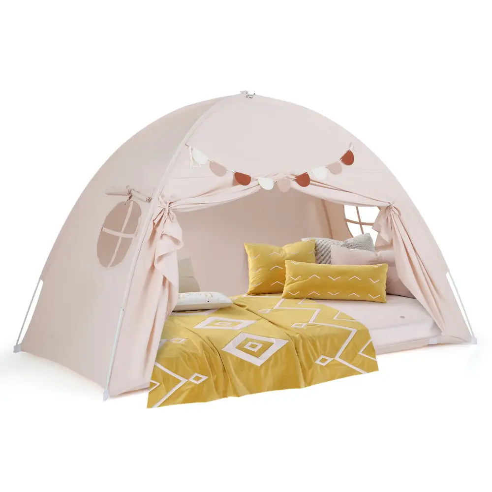 Twin Size Indoor Canopy Tent for Kids with 2 Window and Suits 3+-Beige - Beige - Play Tents & Playhouse