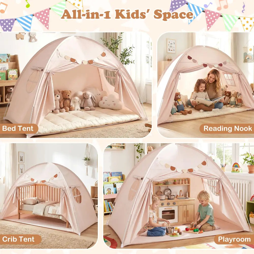 Twin Size Indoor Canopy Tent for Kids with 2 Window and Suits 3+-Beige - Beige - Play Tents & Playhouse
