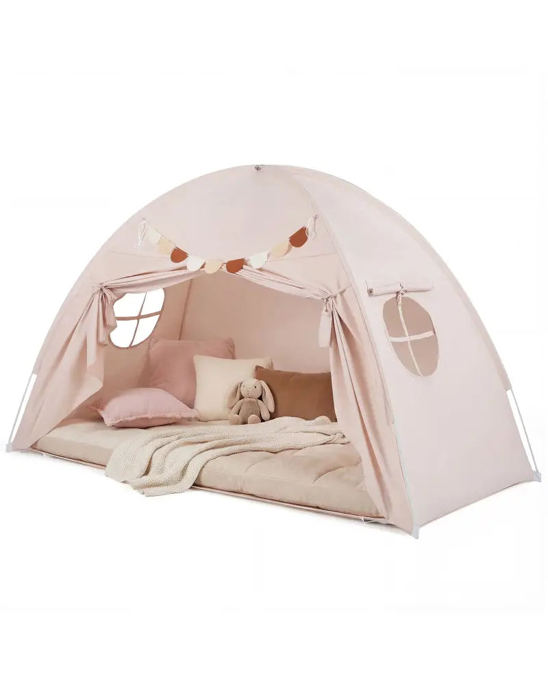 Twin Size Indoor Canopy Tent for Kids with 2 Window and Suits 3+-Beige - Beige - Play Tents & Playhouse