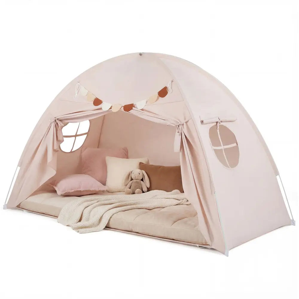 Twin Size Indoor Canopy Tent for Kids with 2 Window and Suits 3+-Beige - Beige - Play Tents & Playhouse
