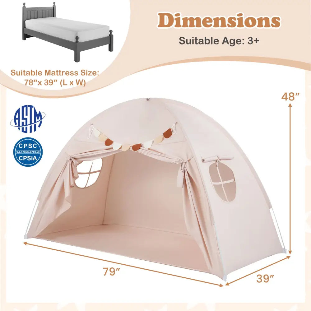 Twin Size Indoor Canopy Tent for Kids with 2 Window and Suits 3+-Beige - Beige - Play Tents & Playhouse