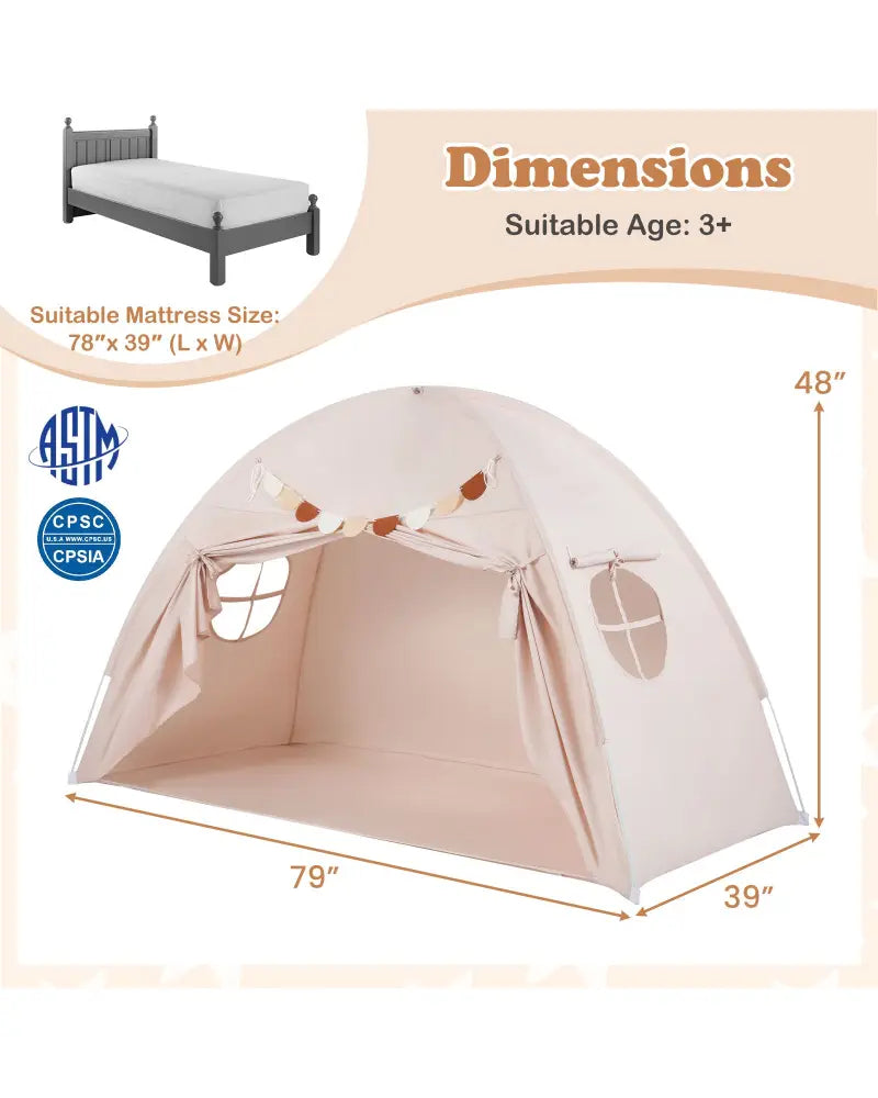 Twin Size Indoor Canopy Tent for Kids with 2 Window and Suits 3+-Beige - Beige - Play Tents & Playhouse