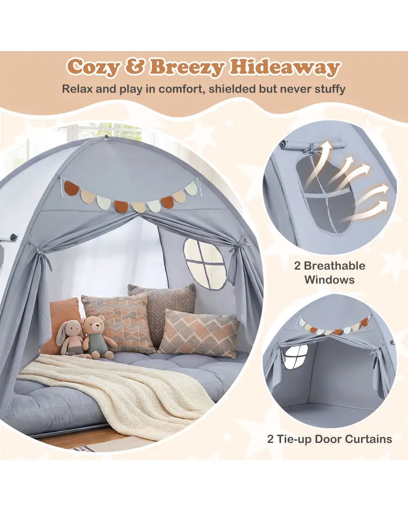 Twin Size Indoor Canopy Tent for Kids with 2 Window and Suits 3+-Grey - Gray - Play Tents & Playhouse