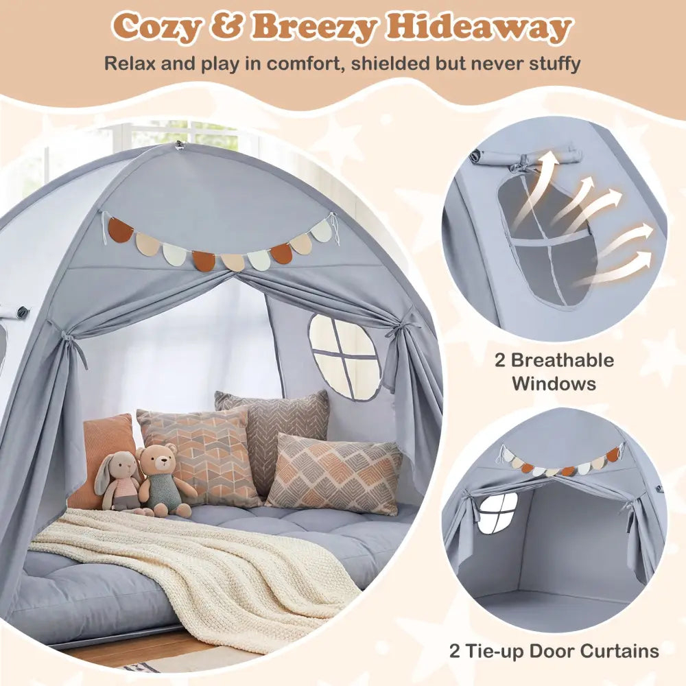 Twin Size Indoor Canopy Tent for Kids with 2 Window and Suits 3+-Grey - Gray - Play Tents & Playhouse