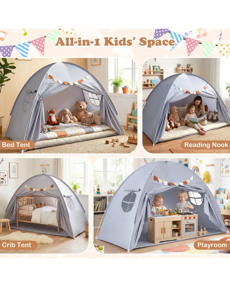 Twin Size Indoor Canopy Tent for Kids with 2 Window and Suits 3+-Grey - Gray - Play Tents & Playhouse
