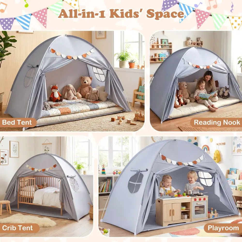 Twin Size Indoor Canopy Tent for Kids with 2 Window and Suits 3+-Grey - Gray - Play Tents & Playhouse