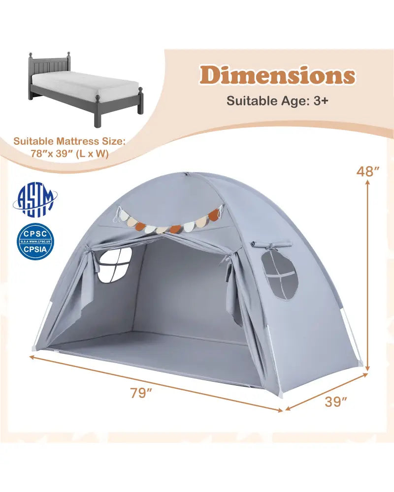 Twin Size Indoor Canopy Tent for Kids with 2 Window and Suits 3+-Grey - Gray - Play Tents & Playhouse