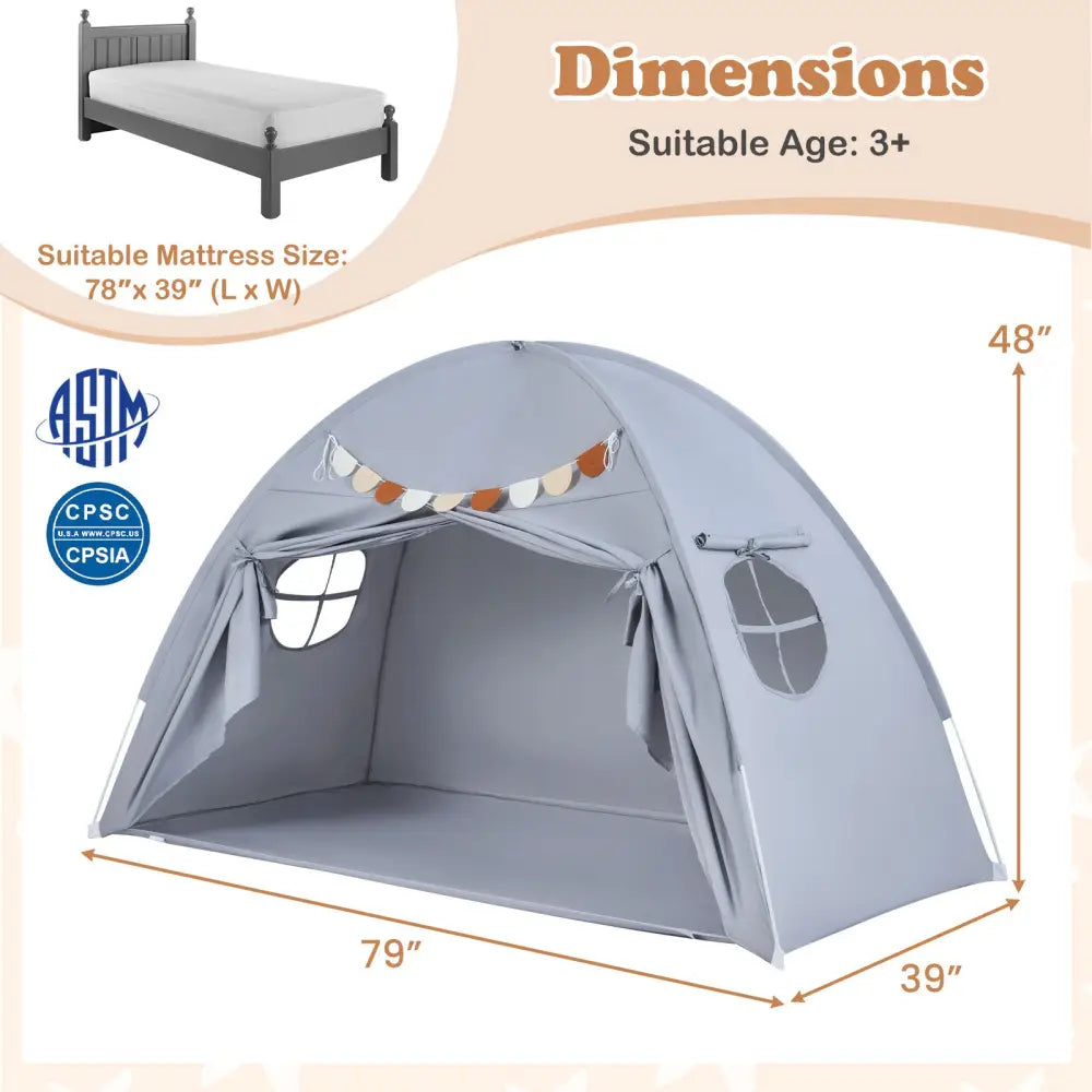 Twin Size Indoor Canopy Tent for Kids with 2 Window and Suits 3+-Grey - Gray - Play Tents & Playhouse
