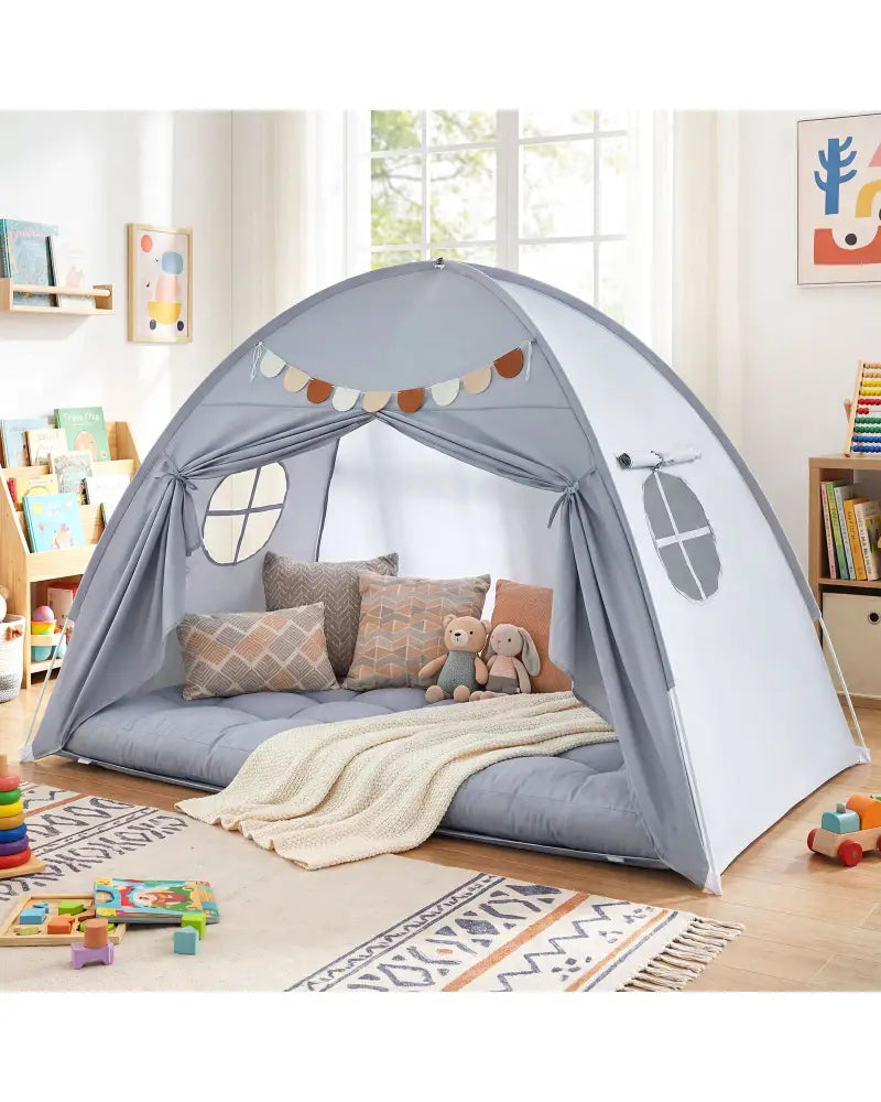 Twin Size Indoor Canopy Tent for Kids with 2 Window and Suits 3+-Grey - Gray - Play Tents & Playhouse